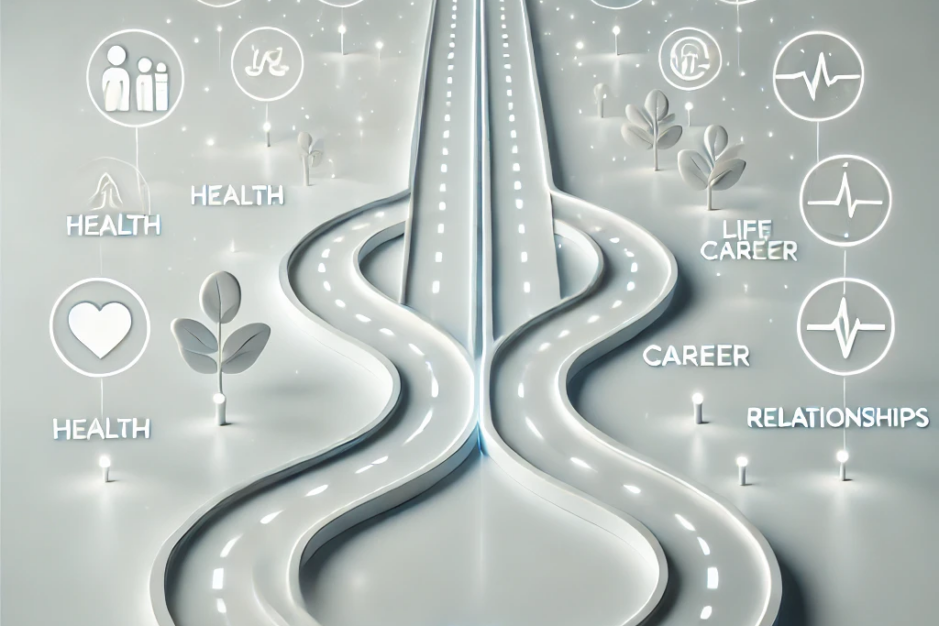 A minimalist design with a pure white background, showing two diverging roads representing life choices, surrounded by glowing icons symbolizing health, career, and relationships.